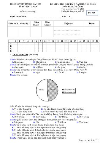 Đề kiểm tra học kỳ II môn Địa lí Lớp 11 - Mã đề 713 - Năm học 2019-2020 - Trường THPT Lương Văn Cù
