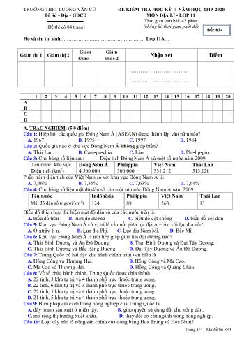 Đề kiểm tra học kỳ II môn Địa lí Lớp 11 - Mã đề 834 - Năm học 2019-2020 - Trường THPT Lương Văn Cù