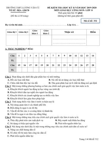 Đề kiểm tra học kỳ II môn Giáo dục công dân Lớp 11 - Mã đề 352 - Năm học 2019-2020 - Trường THPT Lương Văn Cù