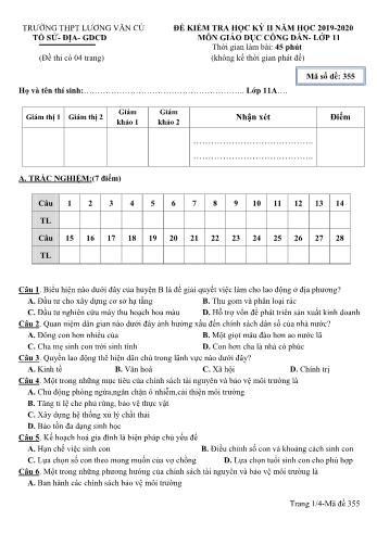 Đề kiểm tra học kỳ II môn Giáo dục công dân Lớp 11 - Mã đề 355 - Năm học 2019-2020 - Trường THPT Lương Văn Cù (Có đáp án)