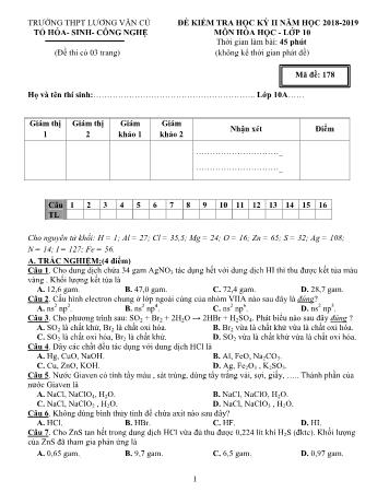 Đề kiểm tra học kỳ II môn Hóa học Lớp 10 - Mã đề 178 - Năm học 2018-2019 - Trường THPT Lương Văn Cù