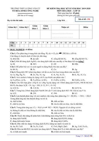 Đề kiểm tra học kỳ II môn Hóa học Lớp 10 - Mã đề 198 - Năm học 2019-2020 - Trường THPT Lương Văn Cù
