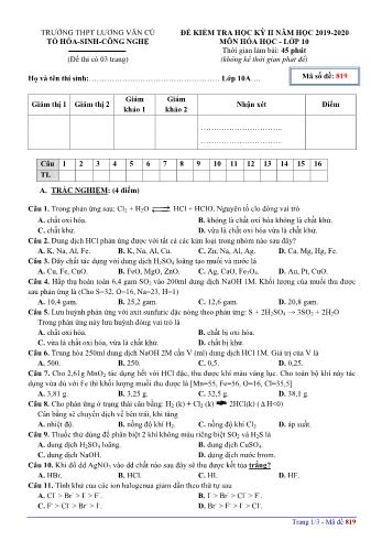 Đề kiểm tra học kỳ II môn Hóa học Lớp 10 - Mã đề 819 - Năm học 2019-2020 - Trường THPT Lương Văn Cù