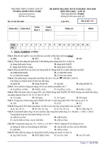 Đề kiểm tra học kỳ II môn Hóa học Lớp 10 - Mã đề 918 - Năm học 2019-2020 - Trường THPT Lương Văn Cù