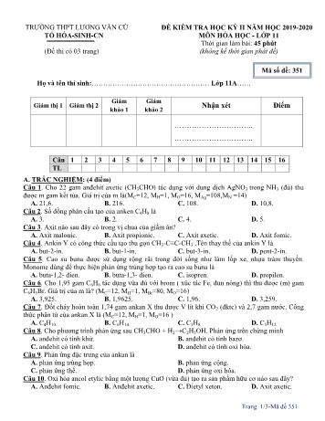 Đề kiểm tra học kỳ II môn Hóa học Lớp 11 - Mã đề 351 - Năm học 2019-2020 - Trường THPT Lương Văn Cù (Có đáp án)