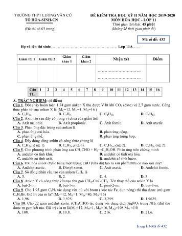 Đề kiểm tra học kỳ II môn Hóa học Lớp 11 - Mã đề 432 - Năm học 2019-2020 - Trường THPT Lương Văn Cù