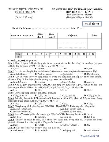 Đề kiểm tra học kỳ II môn Hóa học Lớp 11 - Mã đề 784 - Năm học 2019-2020 - Trường THPT Lương Văn Cù