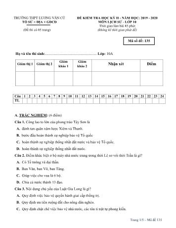 Đề kiểm tra học kỳ II môn Lịch sử Lớp 10 - Mã đề 135 - Năm học 2019-2020 - Trường THPT Lương Văn Cù