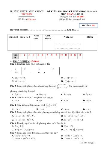 Đề kiểm tra học kỳ II môn Lịch sử Lớp 10 - Mã đề 234 - Năm học 2019-2020 - Trường THPT Lương Văn Cù