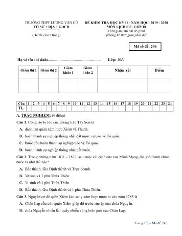 Đề kiểm tra học kỳ II môn Lịch sử Lớp 10 - Mã đề 246 - Năm học 2019-2020 - Trường THPT Lương Văn Cù