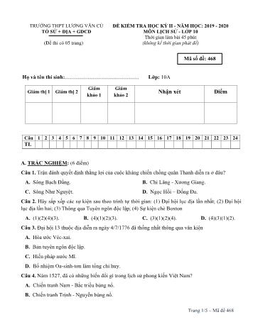 Đề kiểm tra học kỳ II môn Lịch sử Lớp 10 - Mã đề 468 - Năm học 2019-2020 - Trường THPT Lương Văn Cù