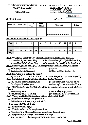 Đề kiểm tra học kỳ II môn Lịch sử Lớp 11 - Mã đề 121 - Năm học 2019-2020 - Trường THPT Lương Văn Cù (Có đáp án)