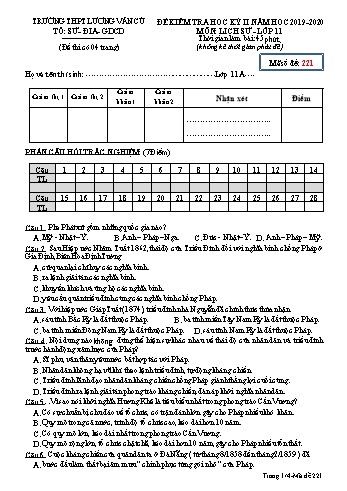 Đề kiểm tra học kỳ II môn Lịch sử Lớp 11 - Mã đề 221 - Năm học 2019-2020 - Trường THPT Lương Văn Cù (Có đáp án)