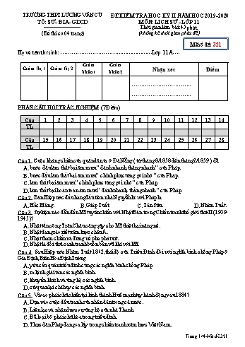 Đề kiểm tra học kỳ II môn Lịch sử Lớp 11 - Mã đề 321 - Năm học 2019-2020 - Trường THPT Lương Văn Cù (Có đáp án)