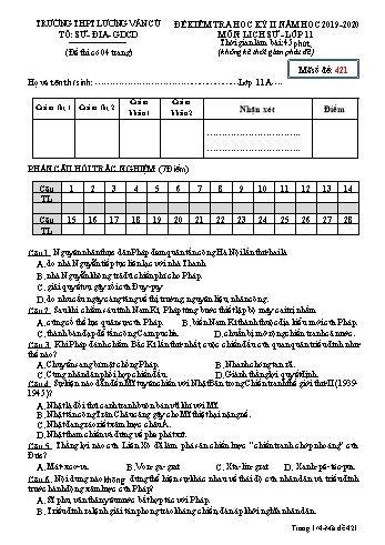 Đề kiểm tra học kỳ II môn Lịch sử Lớp 11 - Mã đề 421 - Năm học 2019-2020 - Trường THPT Lương Văn Cù (Có đáp án)