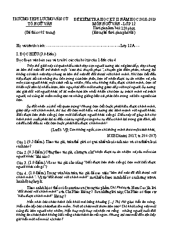 Đề kiểm tra học kỳ II môn Ngữ văn Lớp 12 - Năm học 2018-2019 - Trường THPT Lương Văn Cù