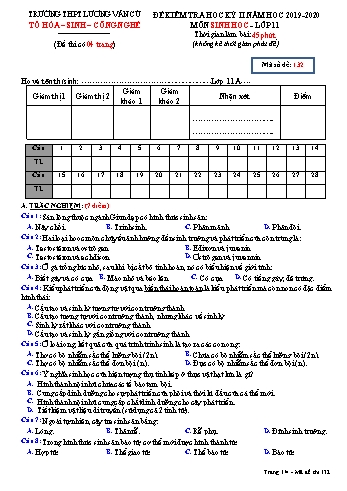 Đề kiểm tra học kỳ II môn Sinh học Lớp 11 - Mã đề 132 - Năm học 2019-2020 - Trường THPT Lương Văn Cù