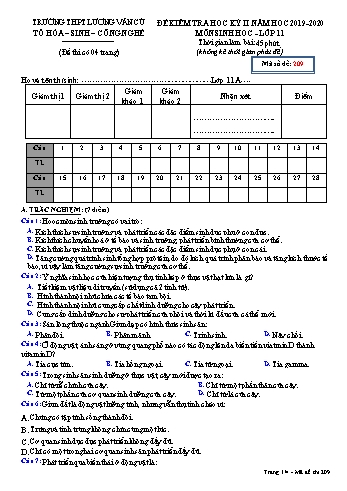 Đề kiểm tra học kỳ II môn Sinh học Lớp 11 - Mã đề 209 - Năm học 2019-2020 - Trường THPT Lương Văn Cù