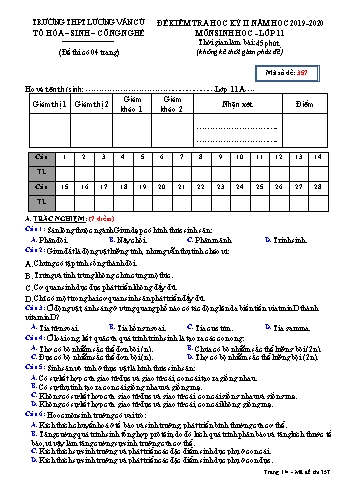 Đề kiểm tra học kỳ II môn Sinh học Lớp 11 - Mã đề 357 - Năm học 2019-2020 - Trường THPT Lương Văn Cù