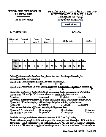 Đề kiểm tra học kỳ II môn Tiếng Anh Lớp 10 (Hệ 10 năm) - Mã đề 837 - Năm học 2019-2020 - Trường THPT Lương Văn Cù