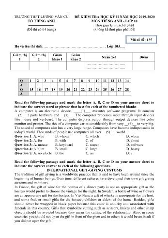 Đề kiểm tra học kỳ II môn Tiếng Anh Lớp 10 - Mã đề 135 - Năm học 2019-2020 - Trường THPT Lương Văn Cù