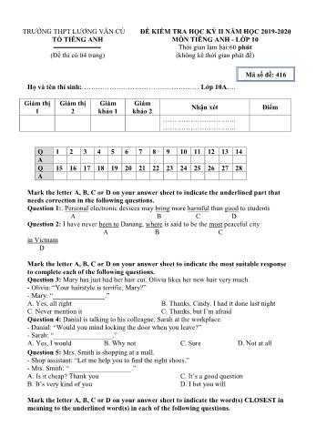 Đề kiểm tra học kỳ II môn Tiếng Anh Lớp 10 - Mã đề 416 - Năm học 2019-2020 - Trường THPT Lương Văn Cù