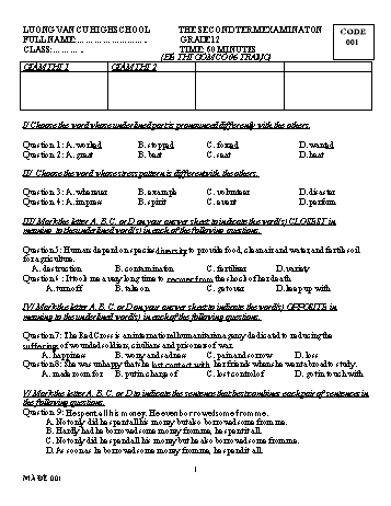 Đề kiểm tra học kỳ II môn Tiếng Anh Lớp 12 - Mã đề 001 - Trường THPT Lương Văn Cù