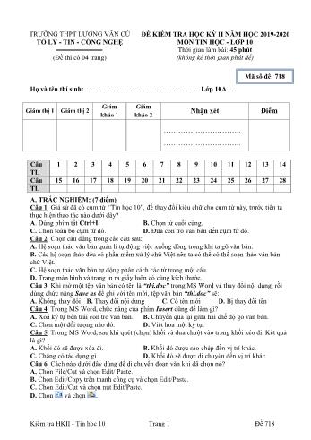 Đề kiểm tra học kỳ II môn Tin học Lớp 10 - Mã đề 718 - Năm học 2019-2020 - Trường THPT Lương Văn Cù