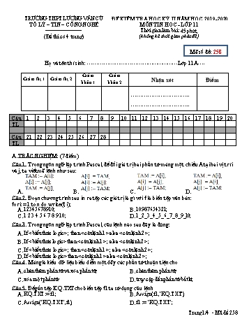 Đề kiểm tra học kỳ II môn Tin học Lớp 11 - Mã đề 258 - Năm học 2019-2020 - Trường THPT Lương Văn Cù