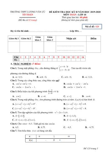 Đề kiểm tra học kỳ II môn Toán Lớp 10 - Mã đề 123 - Năm học 2019-2020 - Trường THPT Lương Văn Cù