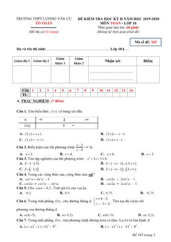 Đề kiểm tra học kỳ II môn Toán Lớp 10 - Mã đề 345 - Năm học 2019-2020 - Trường THPT Lương Văn Cù