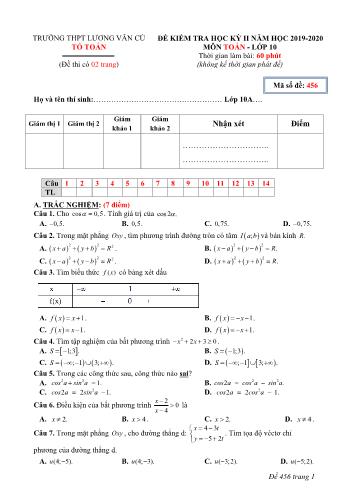 Đề kiểm tra học kỳ II môn Toán Lớp 10 - Mã đề 456 - Năm học 2019-2020 - Trường THPT Lương Văn Cù