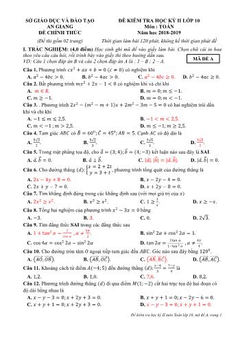 Đề kiểm tra học kỳ II môn Toán Lớp 10 - Mã đề A - Năm học 2018-2019 - Sở GD&ĐT An Giang (Có đáp án)