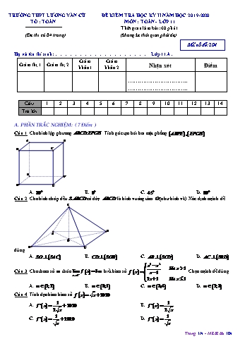 Đề kiểm tra học kỳ II môn Toán Lớp 11 - Mã đề 104 - Năm học 2019-2020 - Trường THPT Lương Văn Cù