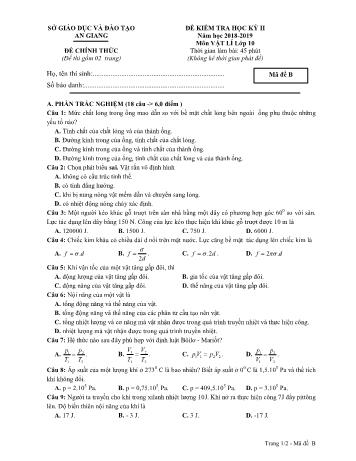 Đề kiểm tra học kỳ II môn Vật lí Lớp 10 - Mã đề B - Năm học 2018-2019 - Sở GD&ĐT An Giang