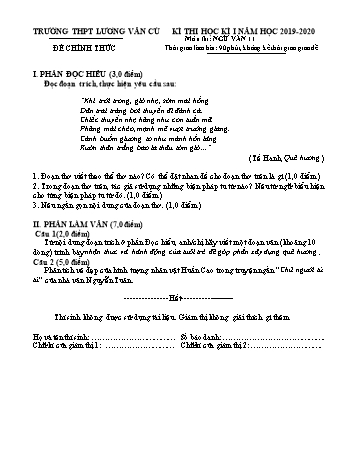 Đề thi học kỳ 1 môn Ngữ văn Lớp 11 - Năm học 2019-2020 - Trường THPT Lương Văn Cù (Có đáp án và thang điểm)