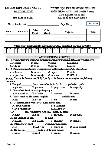 Đề thi học kỳ I môn Tiếng Anh Lớp 10 (Hệ 7 năm) - Mã đề 123 - Năm học 2019-2020 - Trường THPT Lương Văn Cù