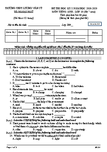 Đề thi học kỳ I môn Tiếng Anh Lớp 10 (Hệ 7 năm) - Mã đề 234 - Năm học 2019-2020 - Trường THPT Lương Văn Cù