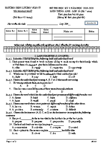 Đề thi học kỳ I môn Tiếng Anh Lớp 10 (Hệ 7 năm) - Mã đề 345 - Năm học 2019-2020 - Trường THPT Lương Văn Cù