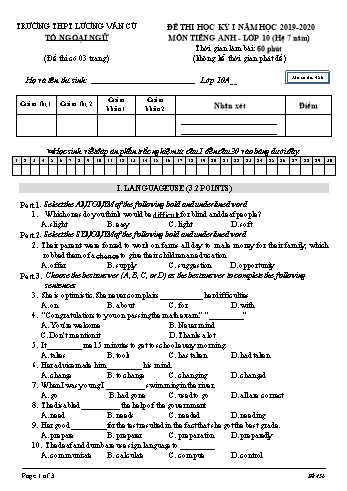 Đề thi học kỳ I môn Tiếng Anh Lớp 10 (Hệ 7 năm) - Mã đề 456 - Năm học 2019-2020 - Trường THPT Lương Văn Cù