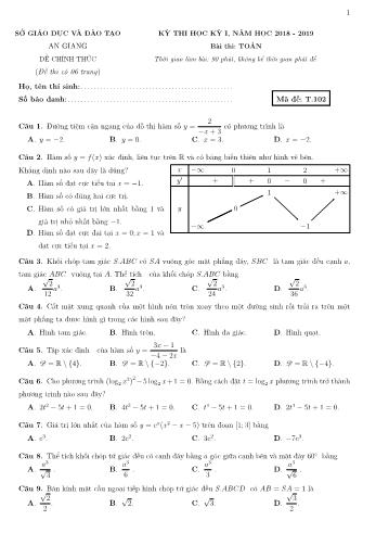 Đề thi học kỳ I môn Toán Lớp 12 - Mã đề T.102 - Năm học 2018-2019 - Sở GD&ĐT An Giang