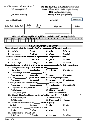 Đề thi học kỳ II môn Tiếng Anh Lớp 11 (Hệ 7 năm) - Mã đề 123 - Năm học 2019-2020 - Trường THPT Lương Văn Cù
