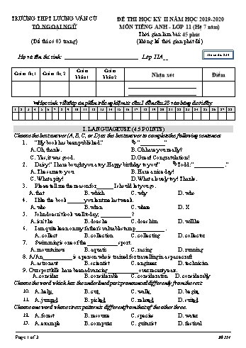 Đề thi học kỳ II môn Tiếng Anh Lớp 11 (Hệ 7 năm) - Mã đề 234 - Năm học 2019-2020 - Trường THPT Lương Văn Cù