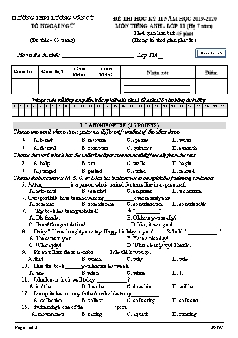 Đề thi học kỳ II môn Tiếng Anh Lớp 11 (Hệ 7 năm) - Mã đề 345 - Năm học 2019-2020 - Trường THPT Lương Văn Cù