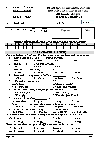 Đề thi học kỳ II môn Tiếng Anh Lớp 11 (Hệ 7 năm) - Mã đề 456 - Năm học 2019-2020 - Trường THPT Lương Văn Cù