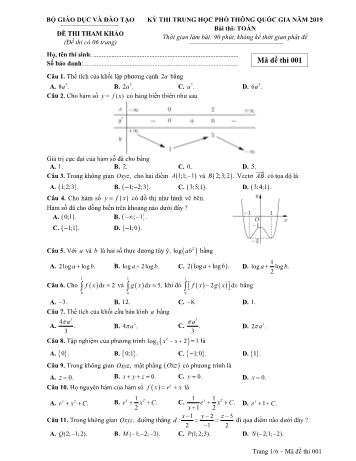 Đề thi tham khảo THPT Quốc gia môn Toán năm 2019 - Mã đề 001