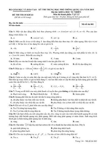 Đề thi tham khảo THPT Quốc gia môn Vật lí năm 2019 - Mã đề 001
