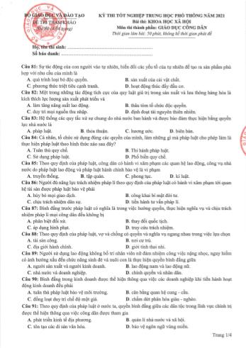 Đề thi tham khảo Tốt nghiệp THPT môn Giáo dục công dân năm 2021