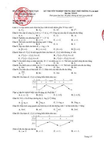 Đề thi tham khảo Tốt nghiệp THPT môn Toán năm 2020