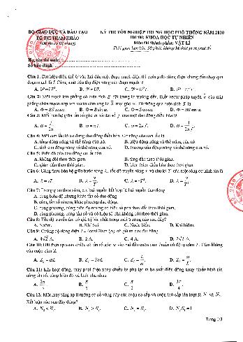 Đề thi tham khảo Tốt nghiệp THPT môn Vật lí năm 2020